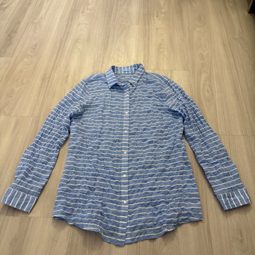 J McLaughlin Shirt Women Blue White Striped Puckered Button Down Shirt Size L